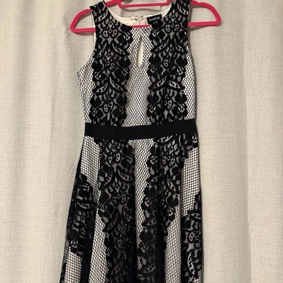 Bebe Black & White Lace Fit-and-Flare Dress — Size Small - Picture 1 of 3